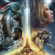 Astronauts stand in front of a spire in key art for Starfield.